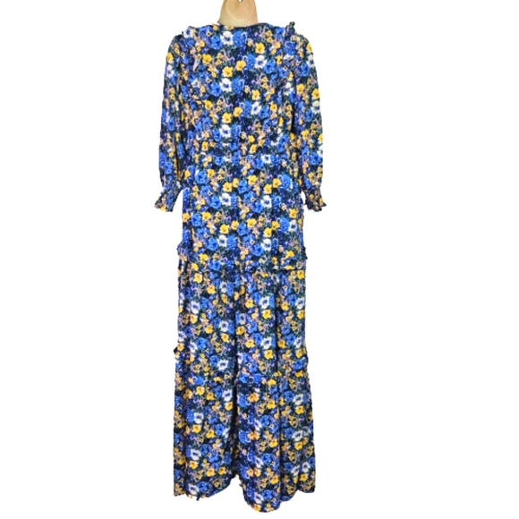 Code x Mode Blue/Yellow Multi-Color Floral Prairie Core Ruffle Maxi Dress, Large - Picture 2 of 16